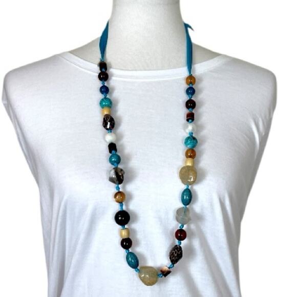 Cookie Lee Necklace Bracelet Set Beaded Faux Stone Teal Tan Multi 18” Length - Picture 1 of 14